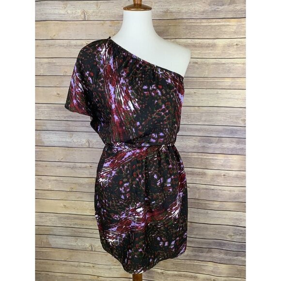Angie Womens Small One Shoulder Dress Gathered Waist Animal Print Purple Boho - Picture 1 of 10